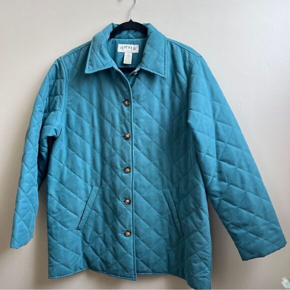 Orvis teal Blue Quilted Barn Coat Button Front Utility Jacket Size Large - Picture 1 of 4